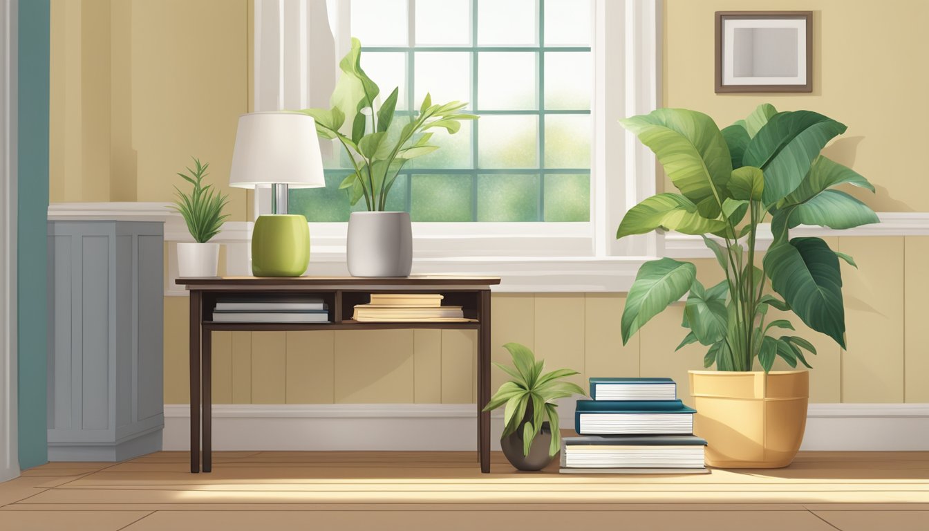 A side table with storage stands against a wall, holding books, a lamp, and a plant