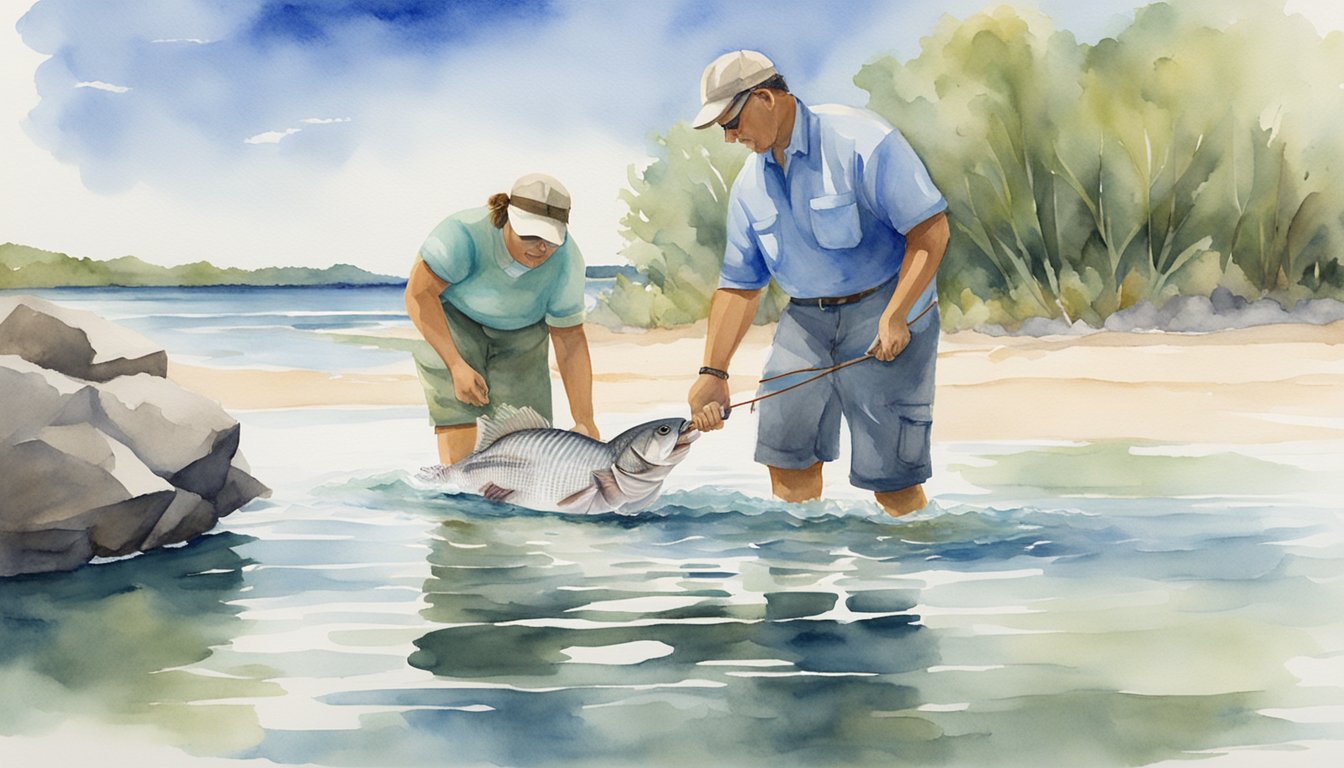 Two people release a sheepshead fish back into the water, showing conservation efforts