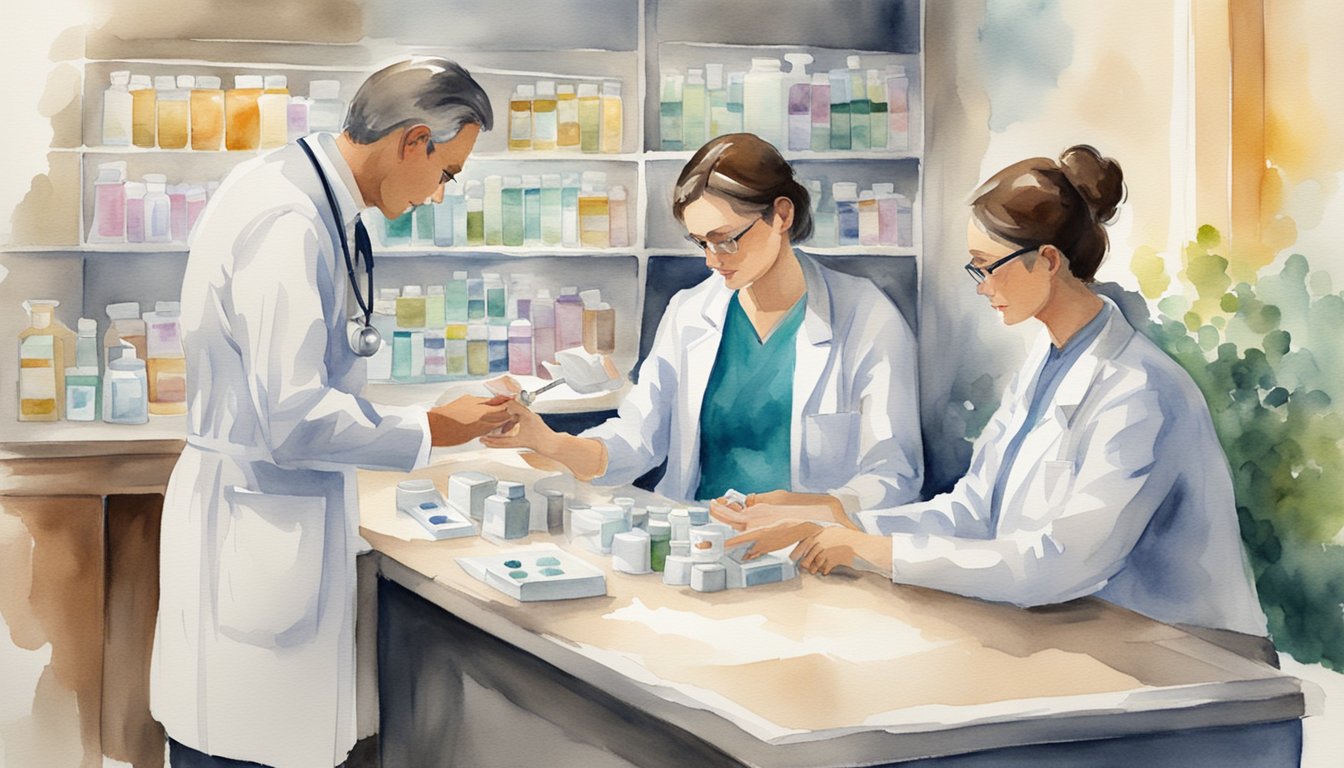 A doctor prescribes doxycycline for bronchitis, while a pharmacist dispenses the medication to a patient