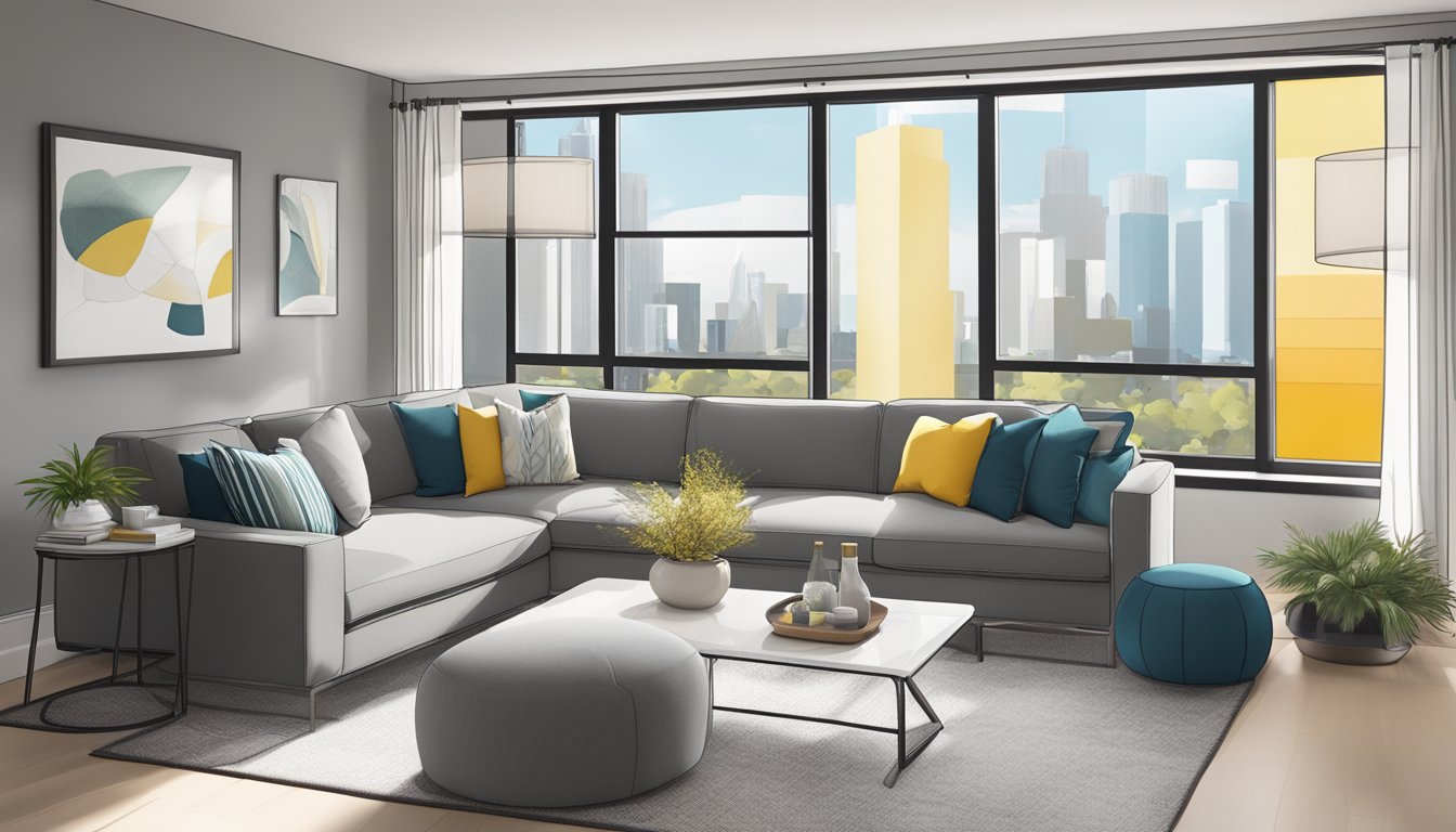 A modern condo living room with a sleek gray sectional sofa, a glass coffee table, and a wall-mounted TV. Large windows let in natural light, and the room is accented with pops of color from throw pillows and artwork