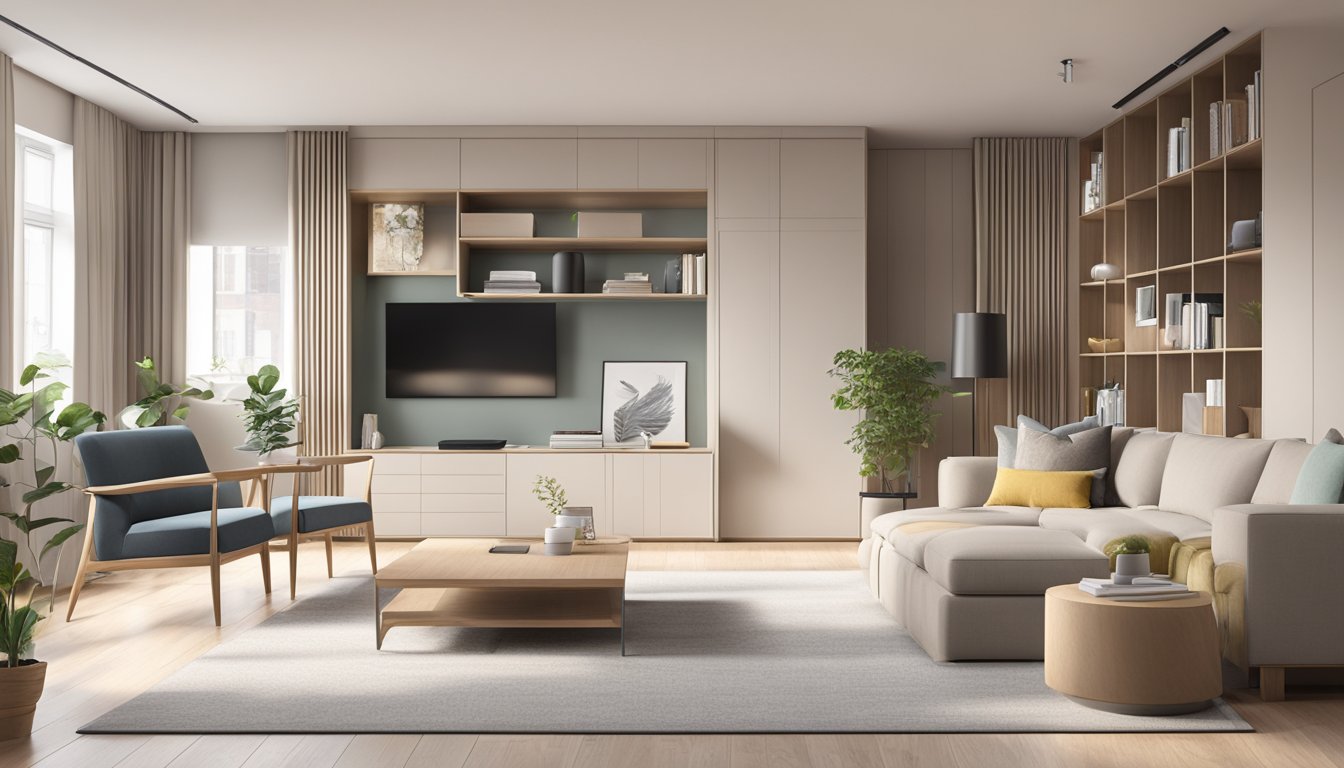 A modern, minimalist living room with built-in storage, multi-functional furniture, and a neutral color palette to maximize space and function