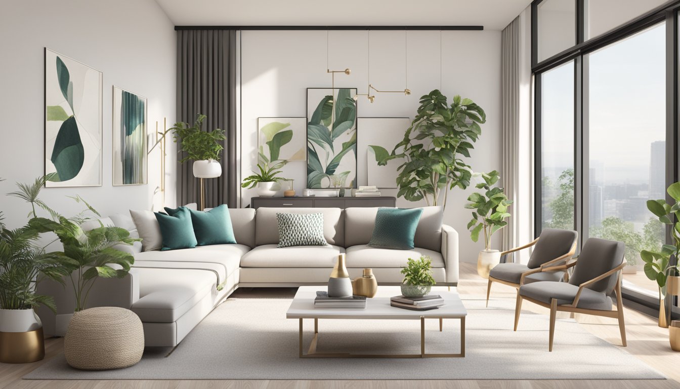 A modern condo living room with sleek furniture, a neutral color palette, and pops of color in the decor. A large window lets in natural light, and plants add a touch of greenery