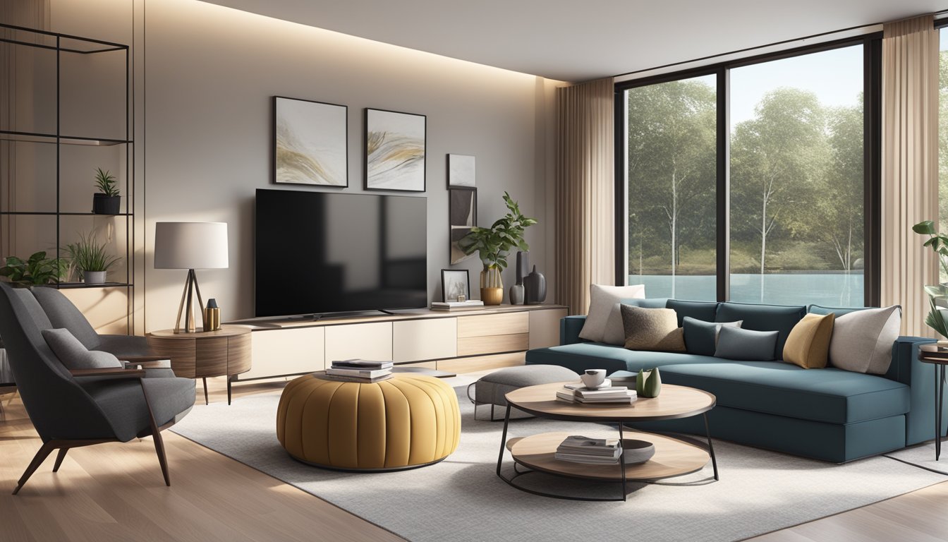 A modern condo living room with sleek furniture, large windows, and a cozy color palette. A wall-mounted TV and a stylish coffee table complete the contemporary look
