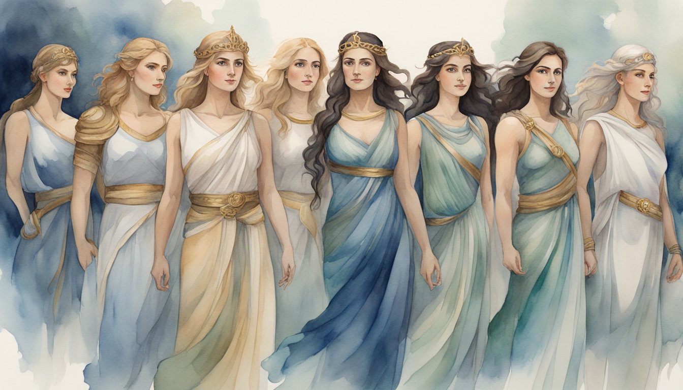 A group of powerful women in Greek mythology stand tall, each with their own unique story and strength, representing the resilience and bravery of mortal women throughout history