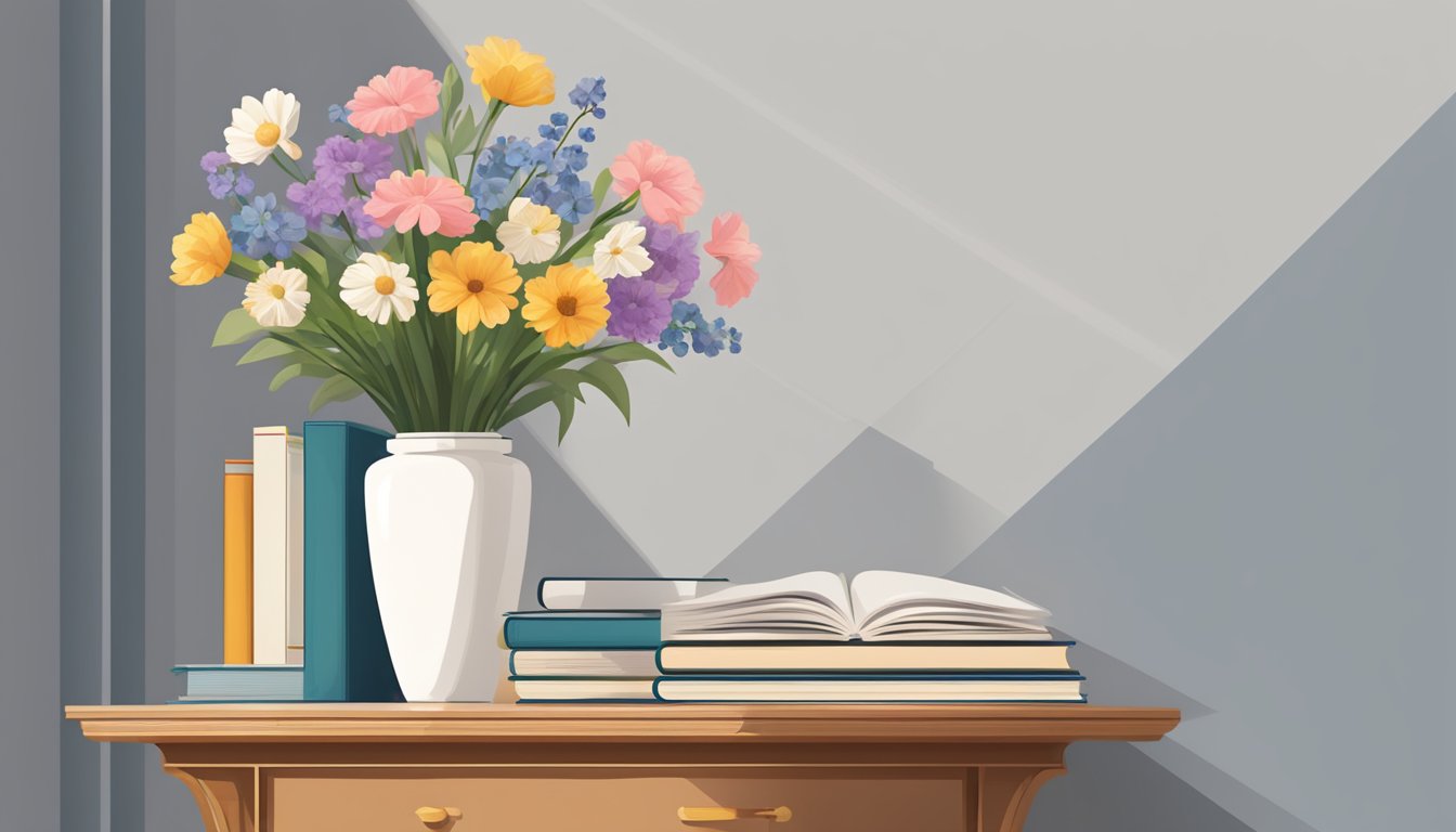 A tall side table stands against a wall, adorned with a vase of flowers and a stack of books