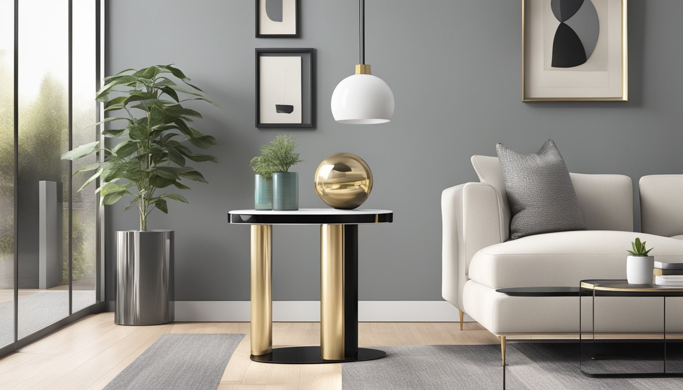A sleek, modern tall side table with clean lines and a minimalist design, featuring a glossy finish and metallic accents