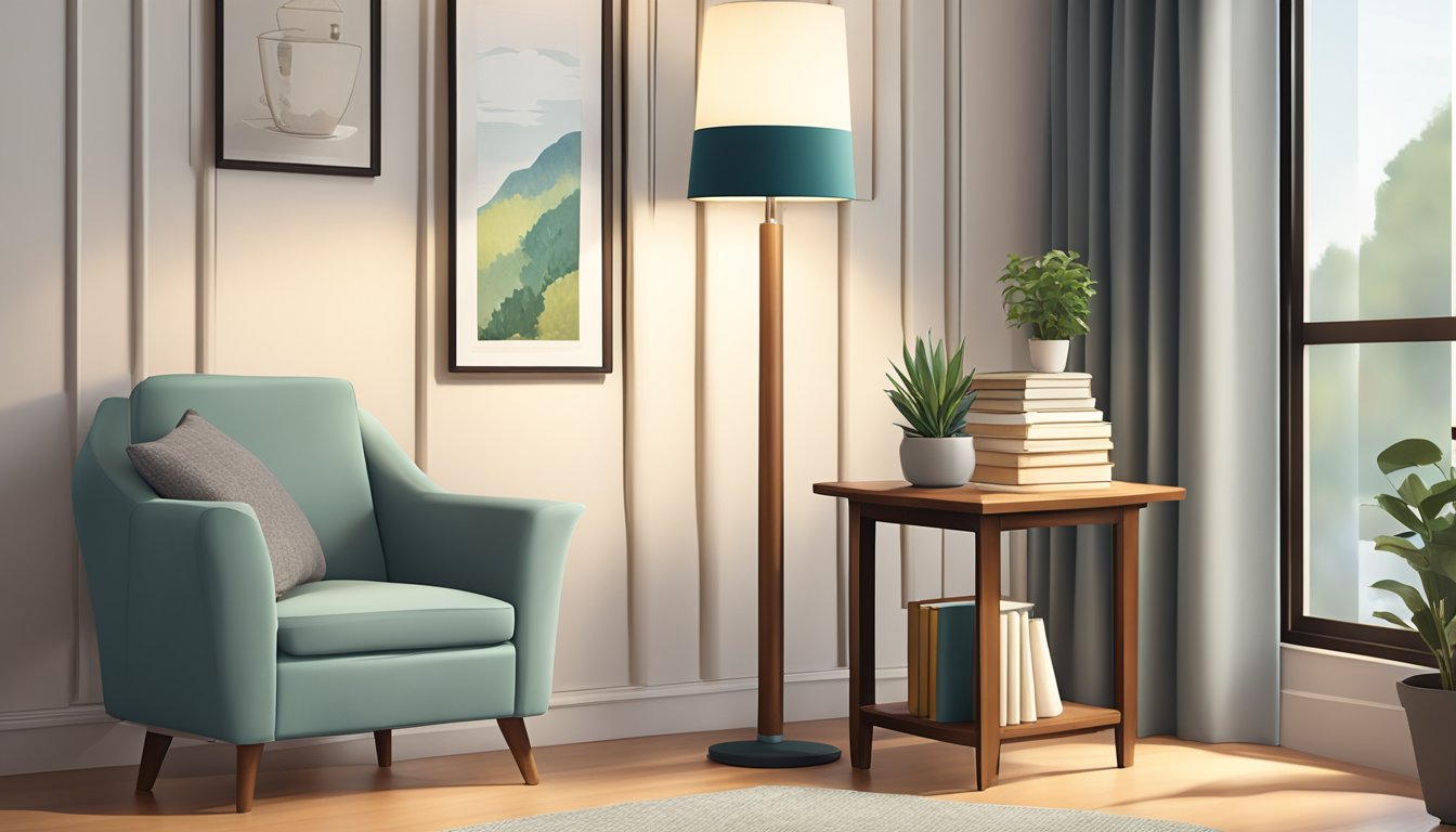 A tall side table holding a lamp and books, placed next to a cozy armchair in a well-lit living room