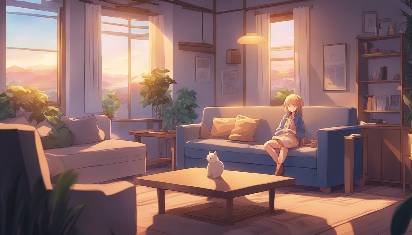 A cozy living room with a comfortable couch and soft lighting. A sex doll sits next to a grieving individual, providing comfort and companionship