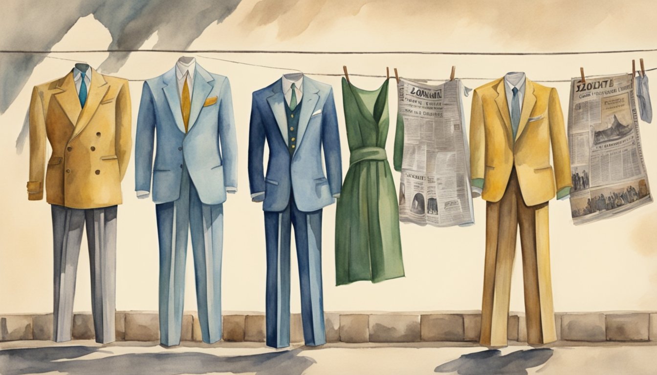 Zoot suits hang on a clothesline, symbolizing the historical impact of the fashion trend.</p><p>Vintage posters and newspapers with headlines about zoot suits cover the walls