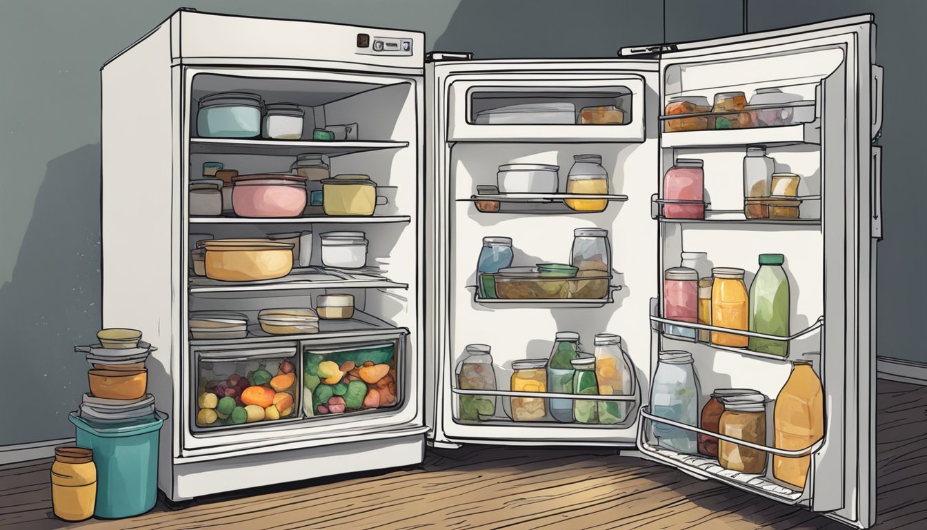 A small, worn fridge sits in a dimly lit kitchen, its white exterior chipped and stained. The door sags open slightly, revealing a cluttered mess of mismatched containers and expired food