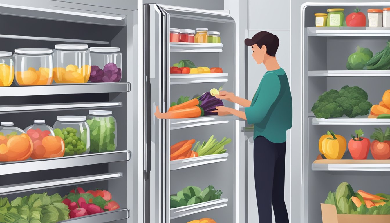 A person opens a fridge door, revealing organized shelves of fresh produce and neatly stacked containers. The fridge is sleek and modern, with a price tag prominently displayed