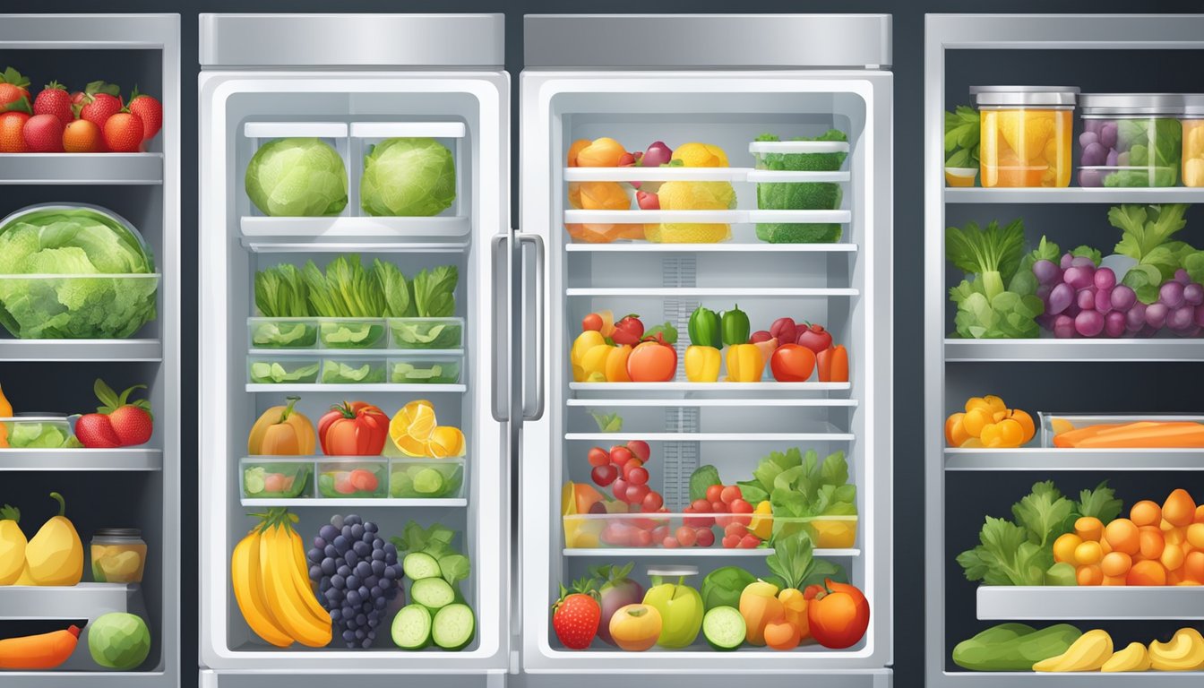 A cheap fridge with maximized freshness and storage, filled with colorful fruits and vegetables neatly organized on the shelves