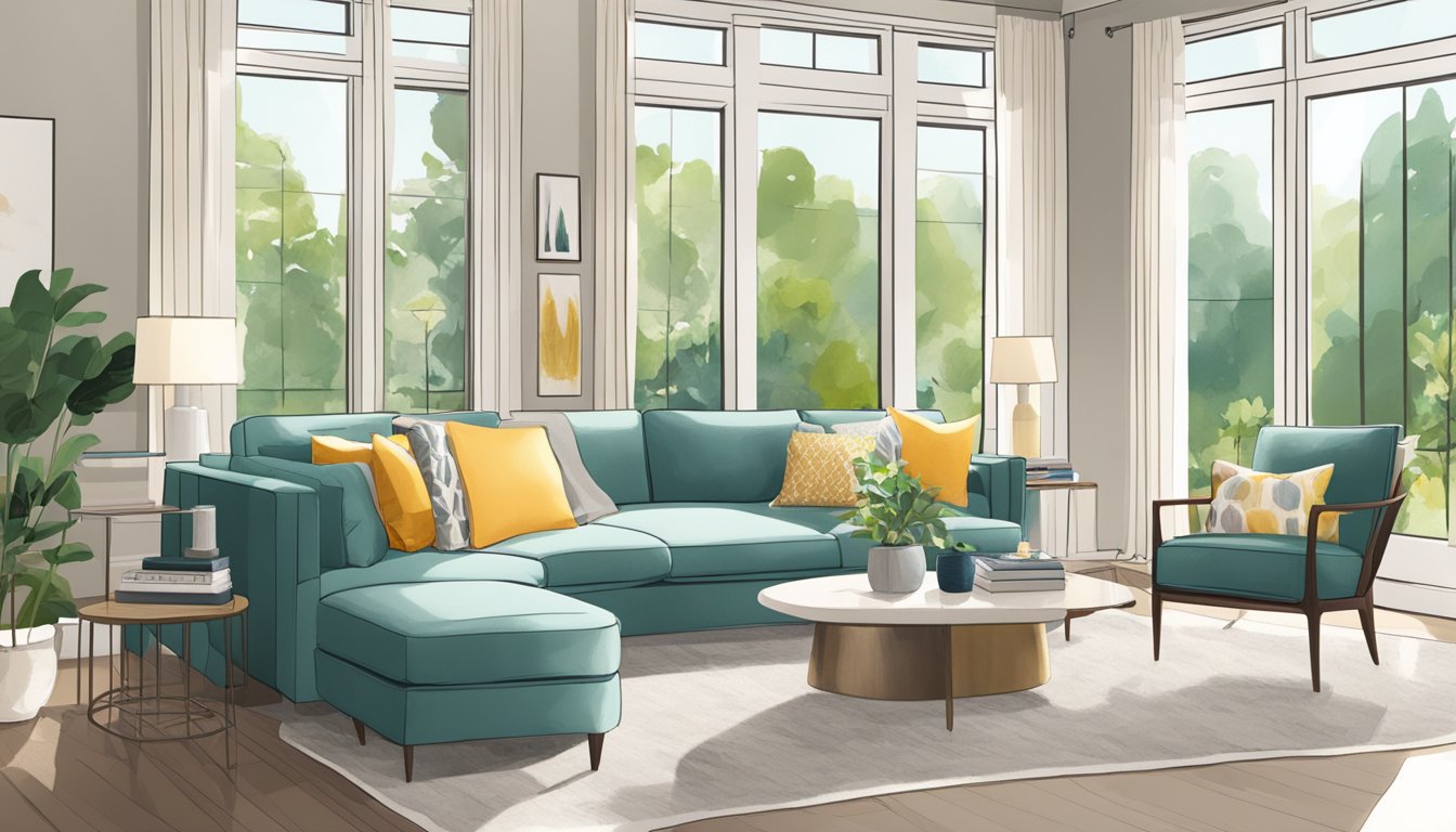 A bright, airy living room with modern furniture and large windows overlooking a lush garden. A neutral color palette with pops of vibrant accents