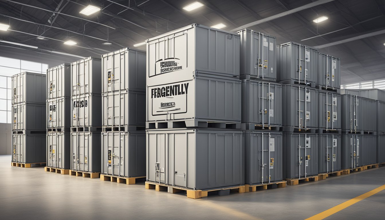 Several large storage boxes labeled "Frequently Asked Questions" stacked neatly in a warehouse