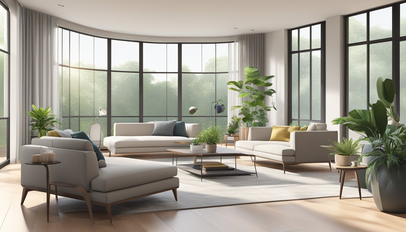 A modern living room with sleek furniture and a minimalist color palette. Large windows let in natural light, and potted plants add a touch of greenery