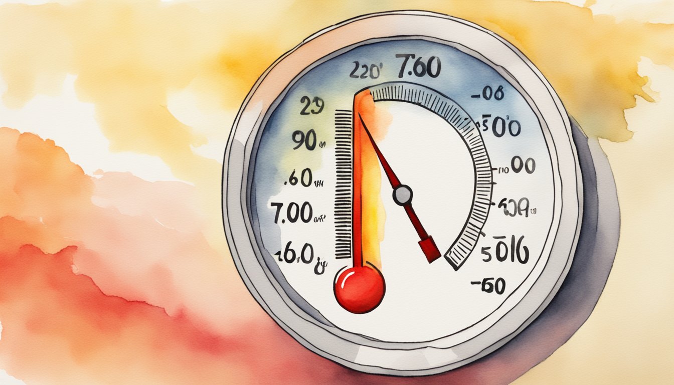 A thermometer reaching a record high temperature, with a red-hot color indicating extreme heat