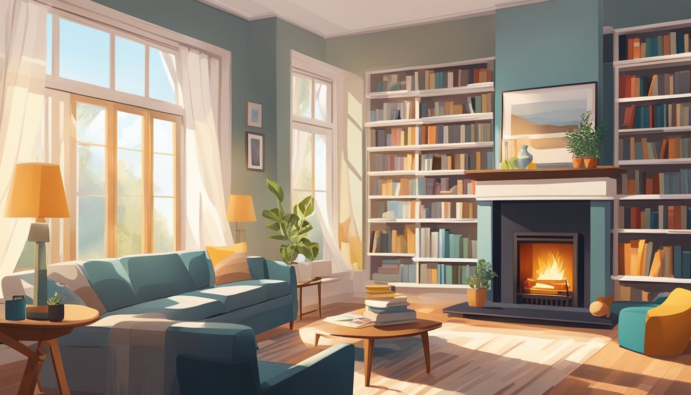 A cozy living room with a fireplace, bookshelves, and comfortable seating. Sunlight streams in through large windows, illuminating the space. A small table holds a stack of home renovation magazines