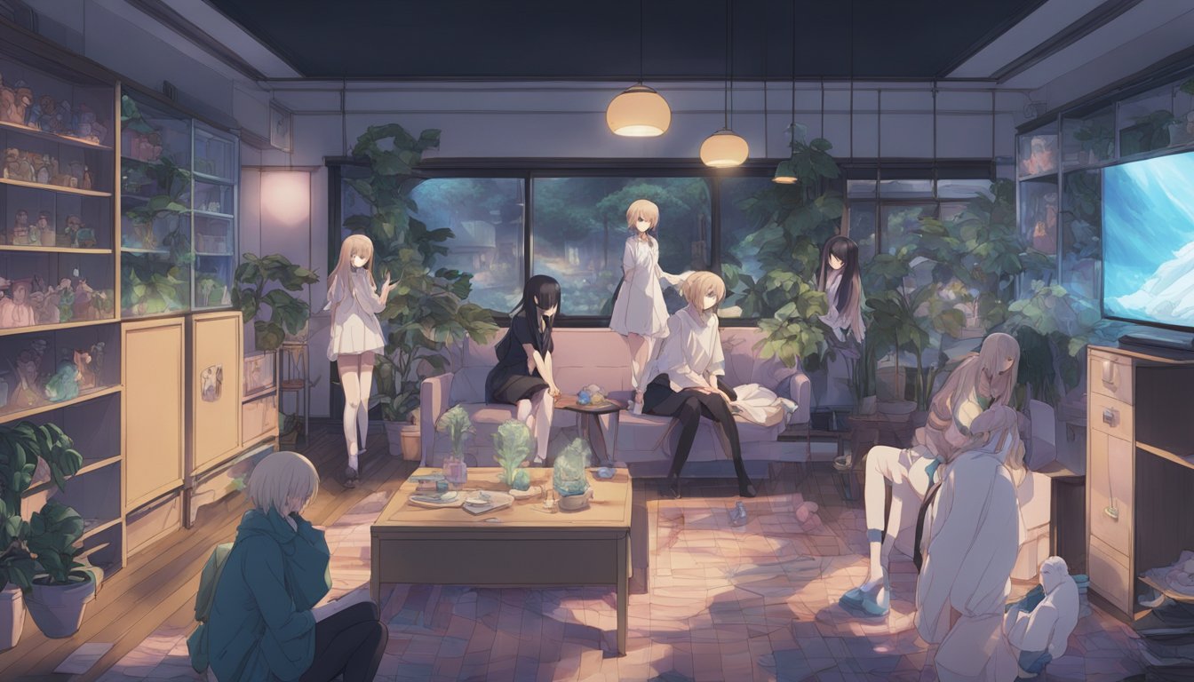 A person walks into a dimly lit room filled with sex dolls arranged in various poses. The eerie silence is broken only by the soft hum of a nearby air purifier