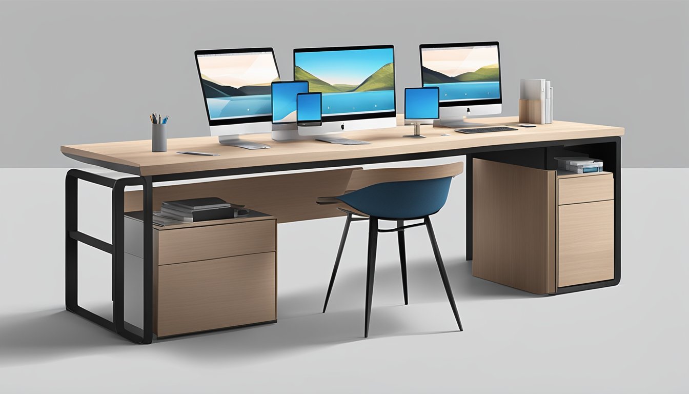 A long study table with sleek, modern design and built-in features like charging ports and storage compartments