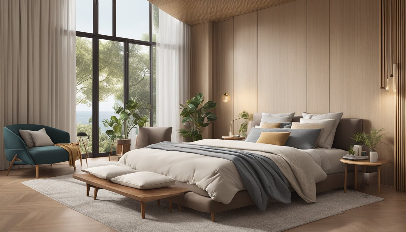 A cozy bedroom with a Dunlop Singapore mattress as the focal point, surrounded by soft pillows and a warm, inviting atmosphere