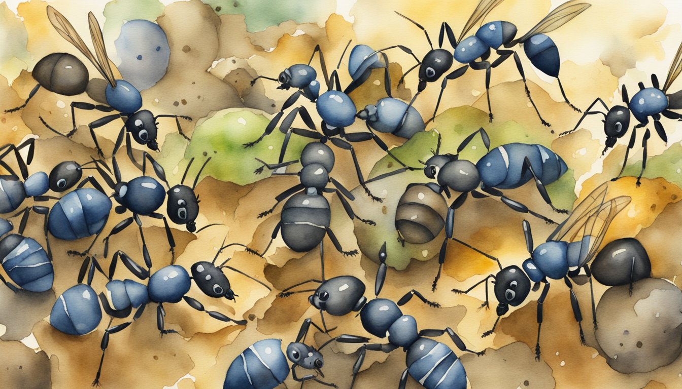 Ants swarm around a food source, carrying and communicating with each other in a busy and organized manner