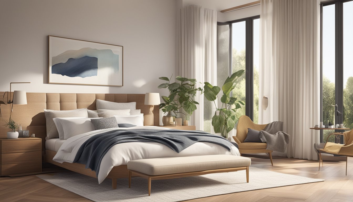 A cozy bedroom with a luxurious Dunlopillo mattress as the focal point. Soft, white linens cover the bed, and the room is bathed in warm, natural light