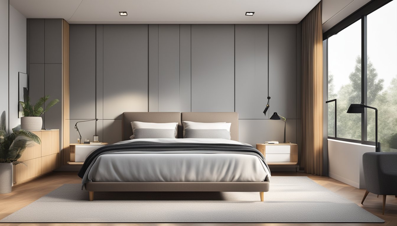 A spacious bedroom with a sleek and modern super single bed positioned in the center. The bed's dimensions are prominently displayed in centimeters