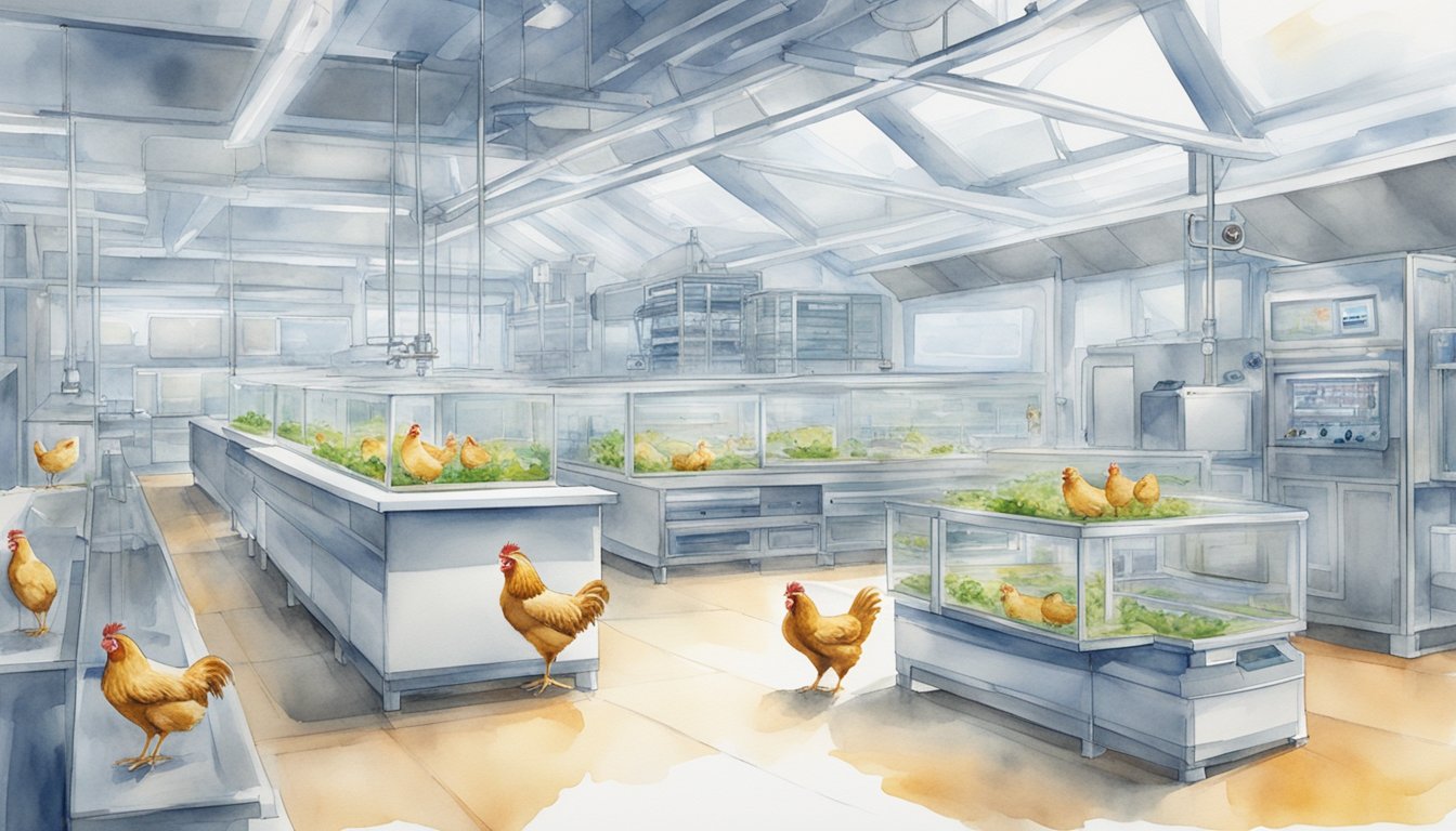 Lab-grown chicken in a futuristic lab setting with high-tech equipment and sustainable environmental elements