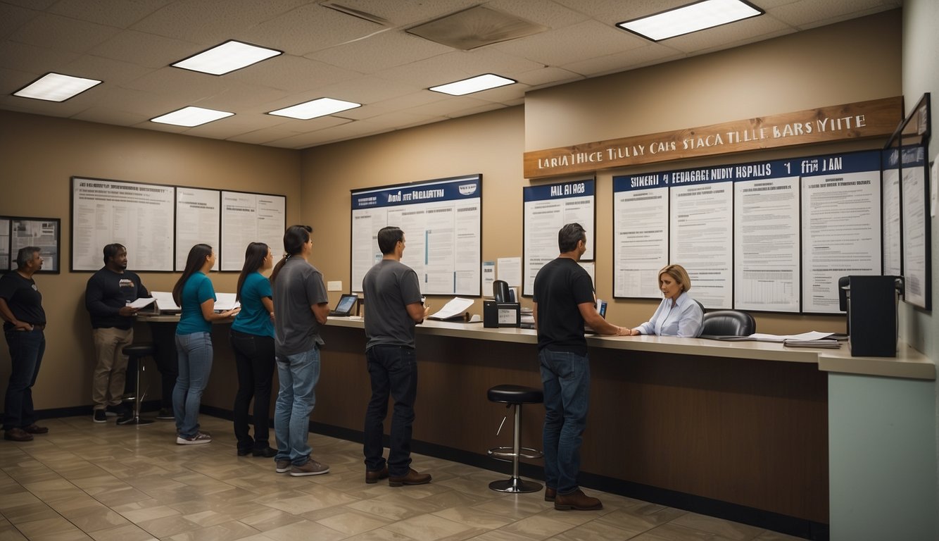A car title loan office in Texas displays legal documents and regulations on a wall. Customers wait in line while staff assist with paperwork