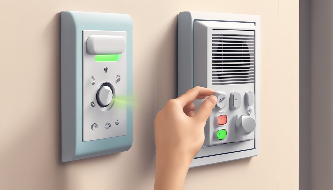 A hand reaches for a wall switch. A remote control signals the fan to start spinning. The fan blades rotate, creating a breeze in the room