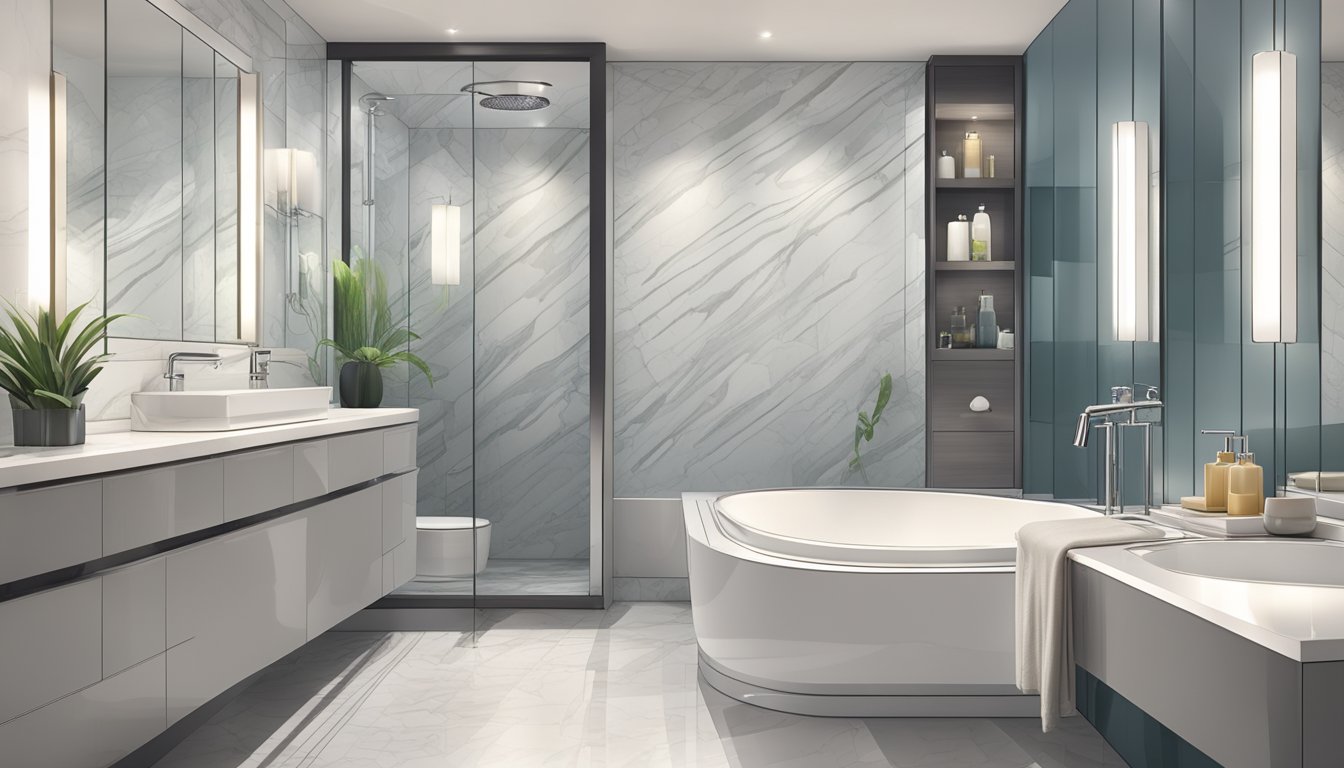 A modern bathroom with sleek chrome fixtures, a luxurious rainfall showerhead, a stylish vanity mirror, and a set of elegant marble soap dispensers