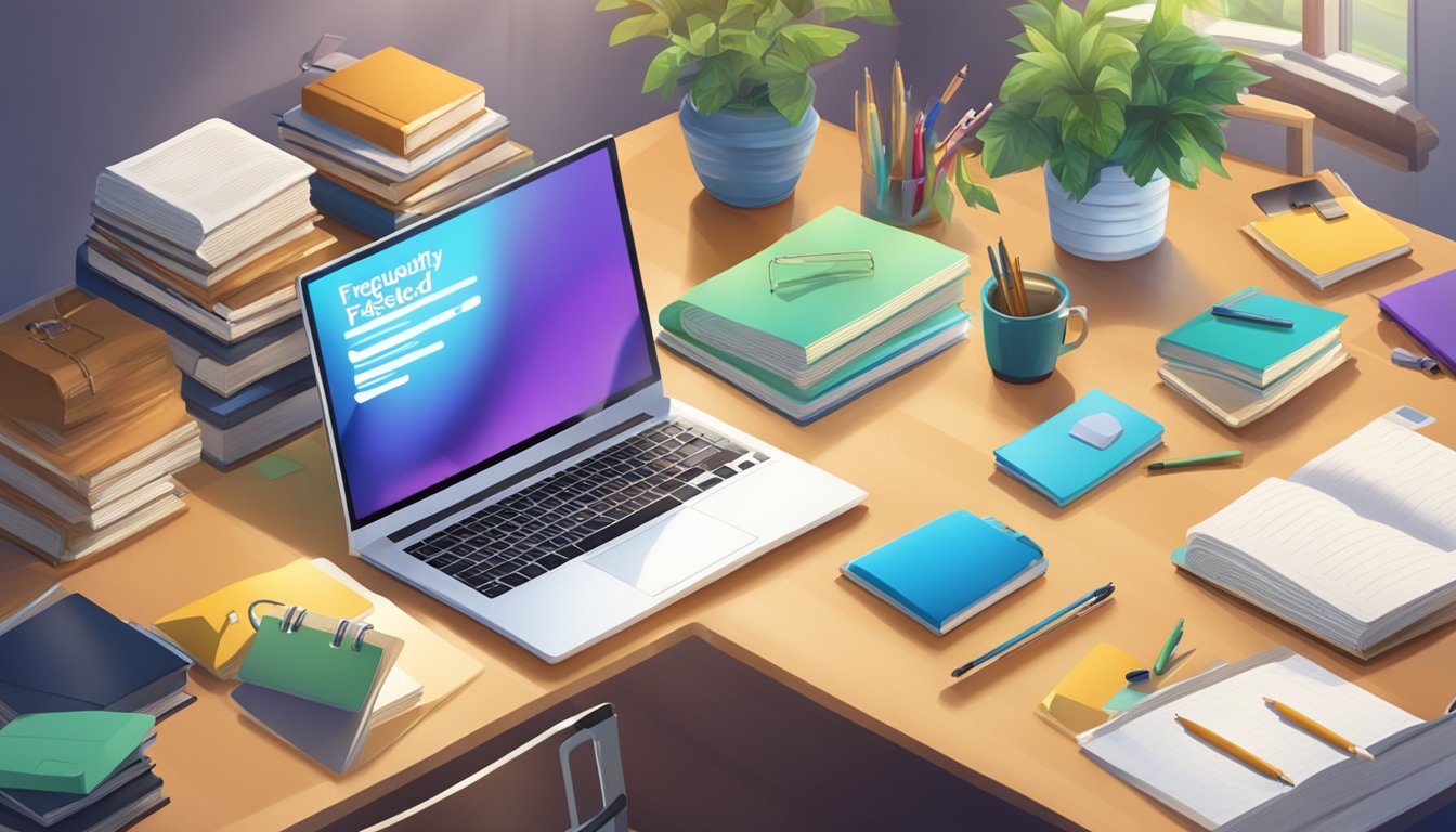 A large study table with "Frequently Asked Questions" printed on the surface, surrounded by books, notebooks, and a laptop