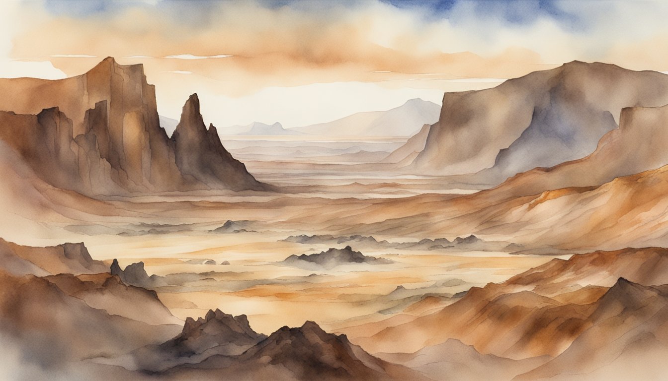 Venus's surface: rocky, barren, and desolate.</p><p>Reddish-brown hues dominate the landscape, with jagged cliffs and volcanic features.</p><p>Thick, hazy atmosphere looms overhead