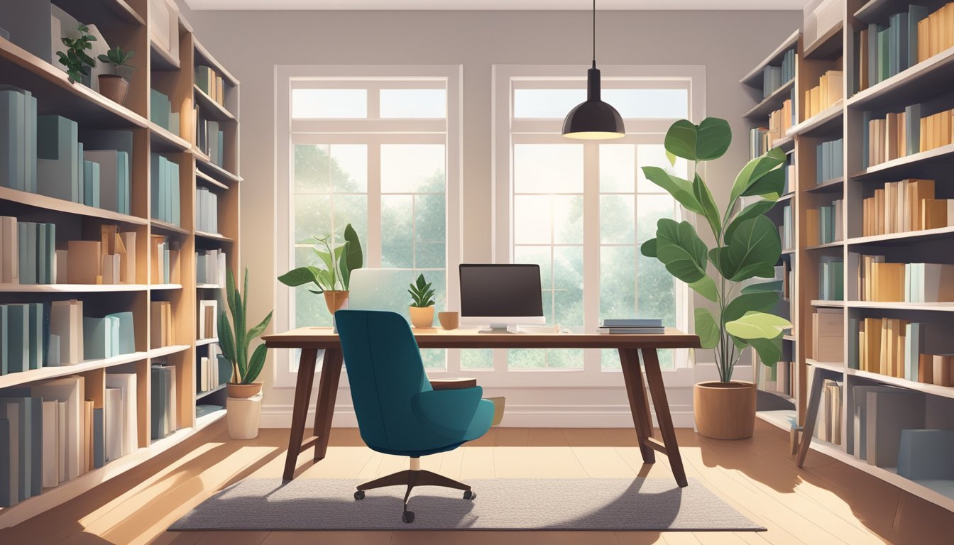 A spacious home office with natural light, a sleek desk, and cozy chair, surrounded by bookshelves and adorned with plants and art