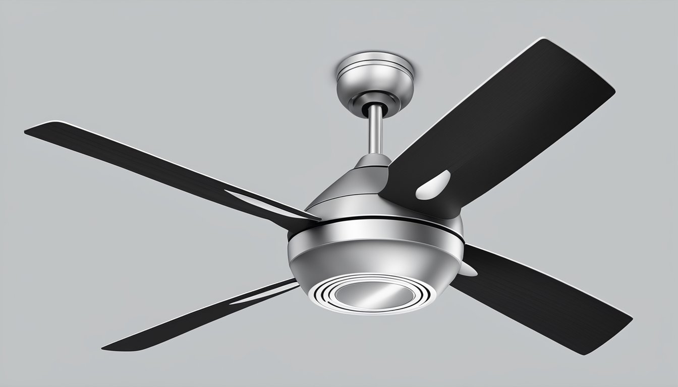 A remote control ceiling fan spins blades when signal received, adjusting speed and direction