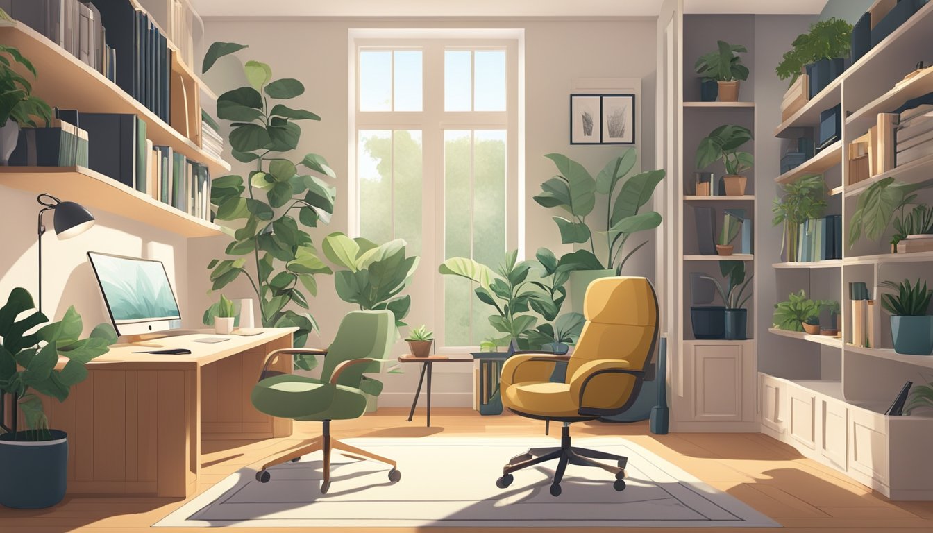 A spacious, well-lit home office with a large desk, ergonomic chair, bookshelves, and a cozy reading nook. The room features calming colors, natural light, and green plants, creating a serene and productive work environment