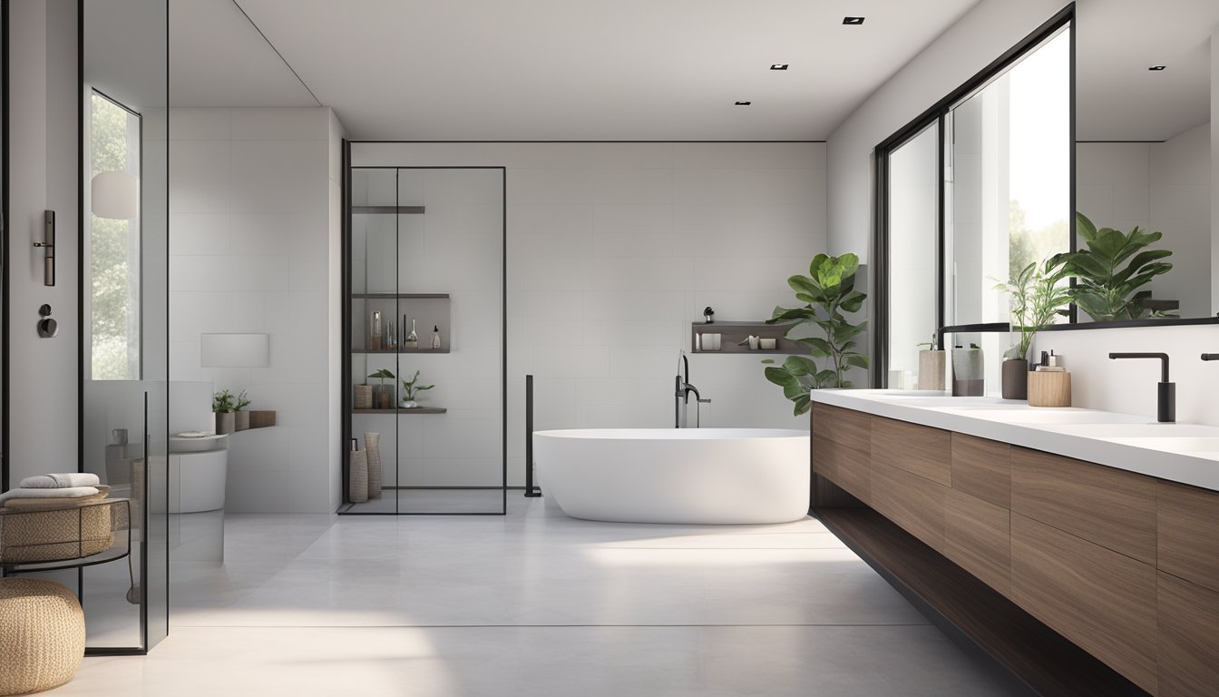 A modern bathroom with sleek, minimalist accessories showcased on a clean, white countertop in a well-lit space