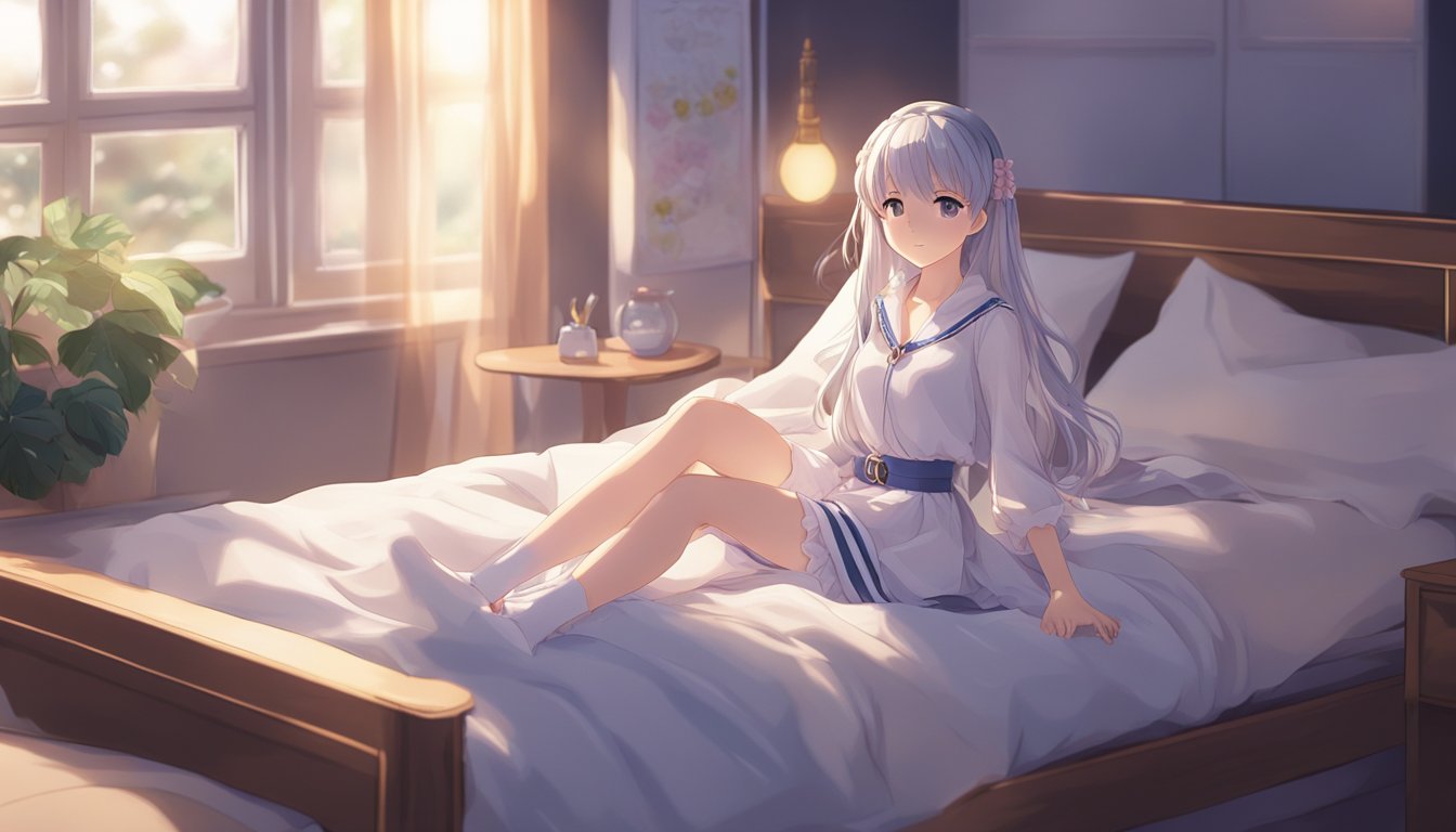 A sex doll sits on a bed, surrounded by soft lighting and soothing music, creating a tranquil and comforting environment for the user