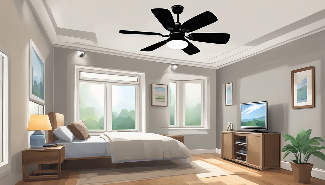 A remote control hovers near a ceiling fan, sending signals to adjust speed and direction of the rotating blades