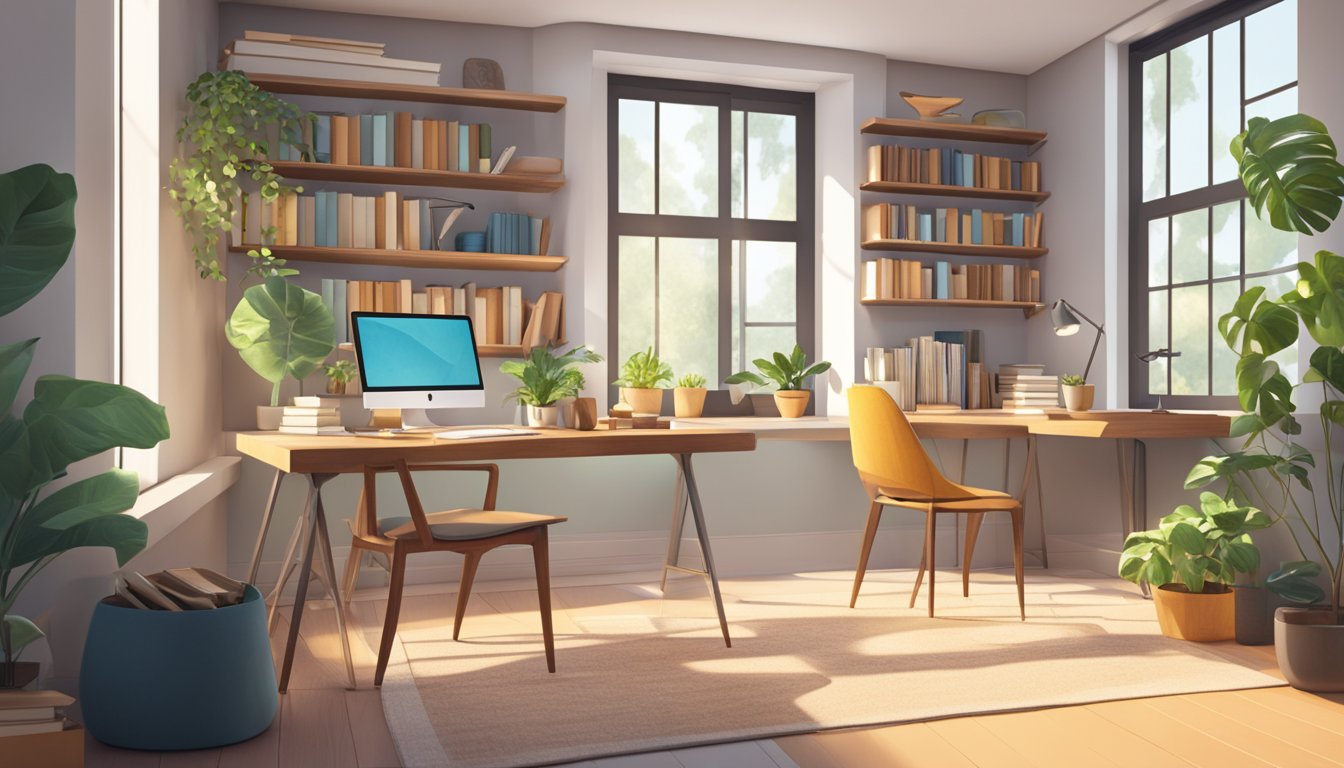 A cozy home office with a sleek desk, comfortable chair, and stylish decor. Natural light streams in through large windows, illuminating the space. A bookshelf filled with books and plants adds a touch of warmth and personality