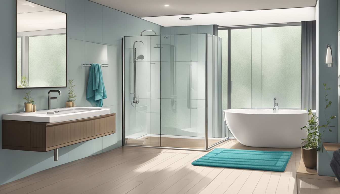 A modern bathroom with sleek, chrome fixtures, a luxurious rainfall showerhead, plush towels, and a stylish bath mat