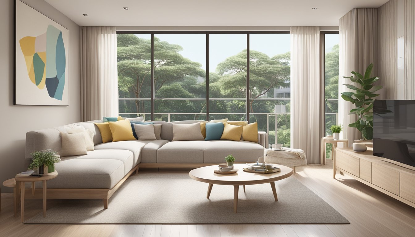 A spacious 5-room HDB interior with modern furniture, clean lines, and a neutral color palette. Large windows let in natural light, creating a bright and airy atmosphere