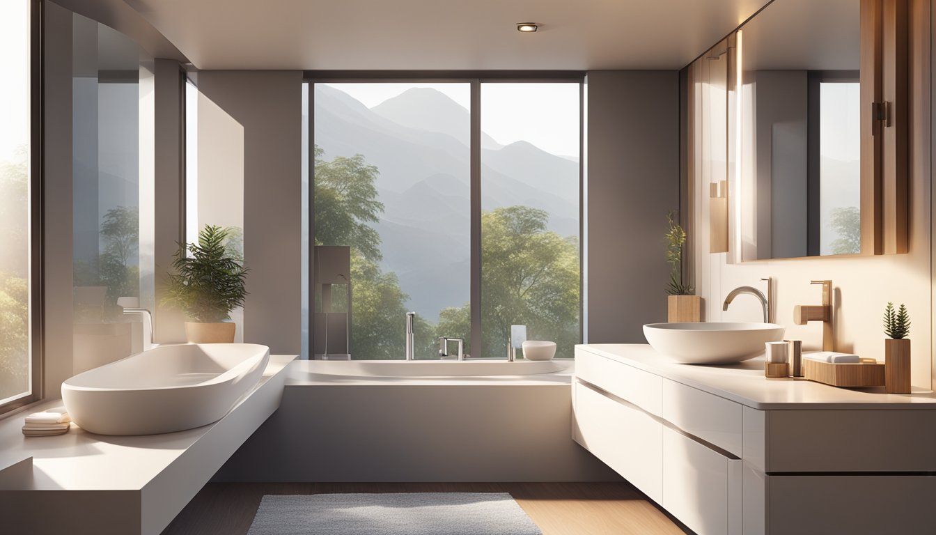 A modern bathroom with sleek accessories neatly arranged on a countertop. Light streams in through a window, casting a warm glow on the scene