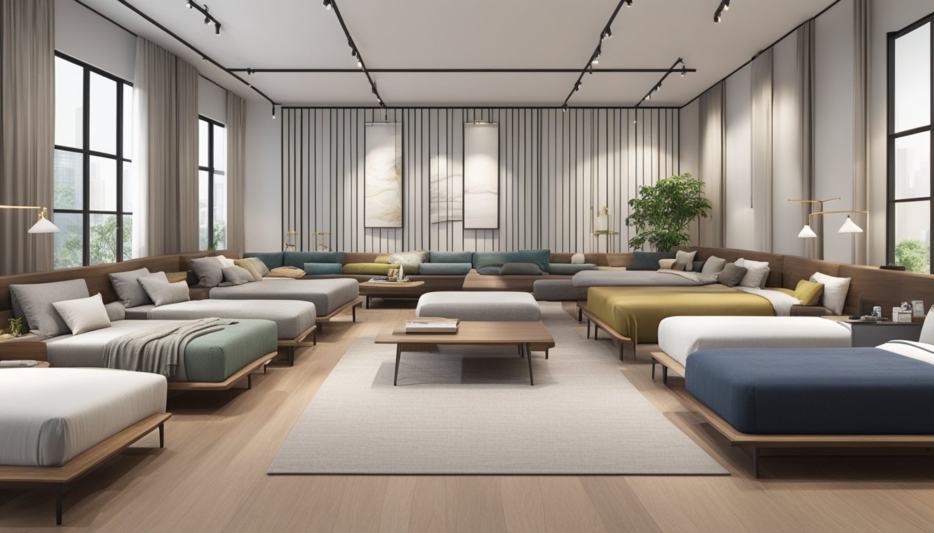 A variety of floor bed frames displayed in a Singapore showroom. Different styles and materials are showcased, including wood, metal, and upholstered frames