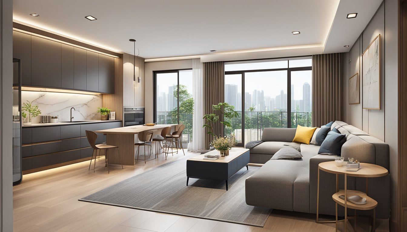 A spacious and modern 5-room HDB interior with a sleek open-plan kitchen, stylish living area, cozy study nook, elegant dining space, and luxurious master bedroom with ensuite bathroom