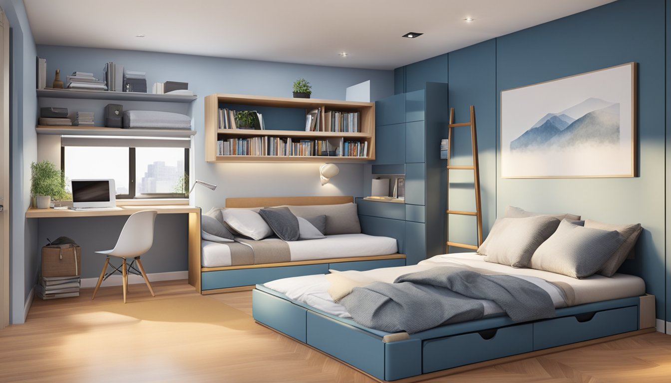 A compact bedroom with a sleek floor bed frame, storage compartments, and space-saving design