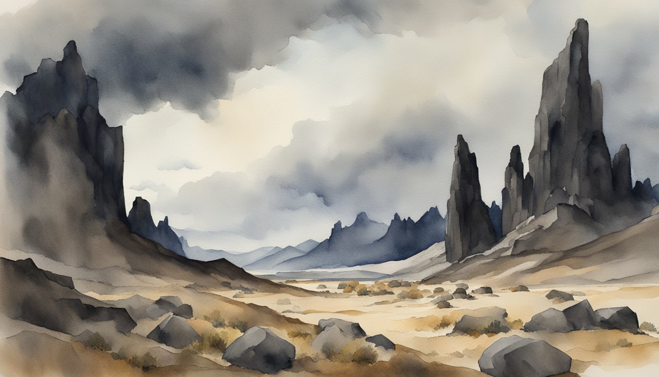 A dark, desolate landscape with jagged rock formations and ominous clouds looming overhead, hinting at impending vacuum decay