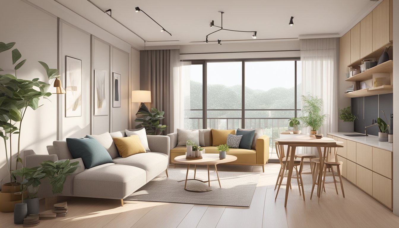 A spacious 5-room HDB interior with modern furniture, neutral color palette, and natural lighting. Open kitchen, cozy living area, and minimalist decor throughout