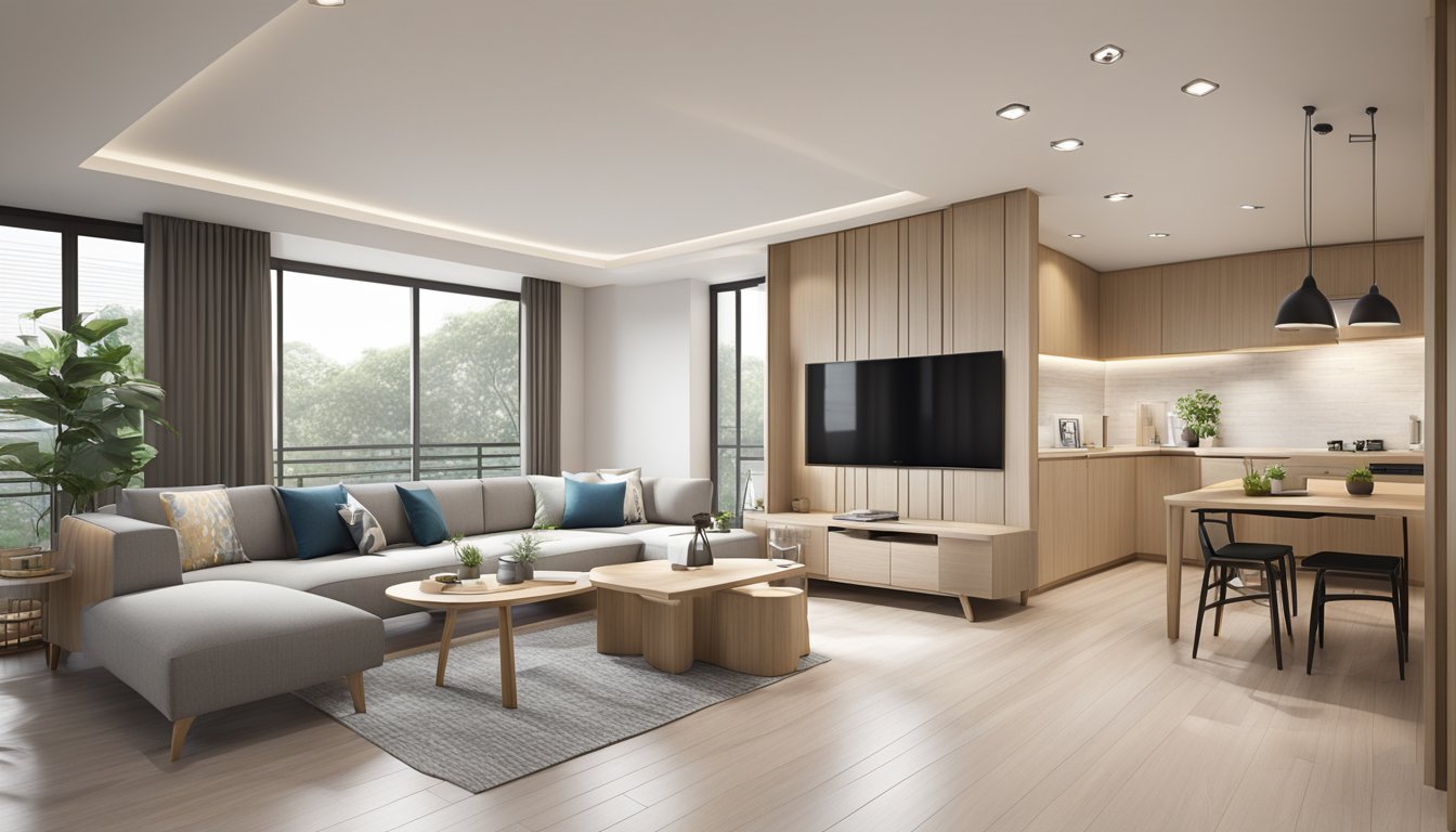 A spacious and modern 5-room HDB interior with sleek furniture, minimalist decor, and ample natural light