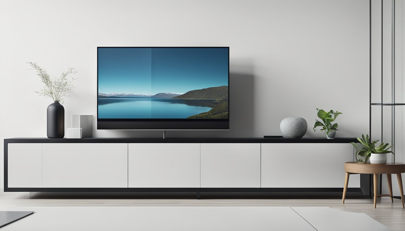 A sleek, black modern TV cabinet sits against a white wall, with clean lines and minimalistic design. The cabinet features hidden storage and a built-in entertainment system